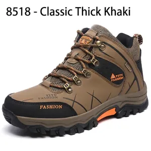 Men's high-top hiking shoes in khaki with thick anti-slip rubber soles and laces