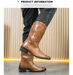 Detailansicht der stylischen braunen Lederstiefel für Herren mit niedrigem Blockabsatz