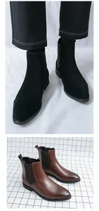 Comparison of black suede and brown leather men's pointed toe Chelsea boots