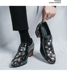 Macro detail of elegant floral patent leather pointed toe shoes with chunky wooden heel