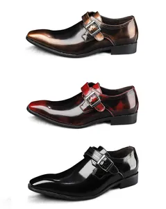 Side view of men's square toe monk strap shoes in brown red and black patent leather