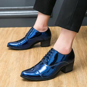 Elegant blue glossy pointed toe men's high heel dress shoes with lace-up design