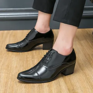 Stylish men's pointed toe high heel dress shoes in glossy black patent leather finish