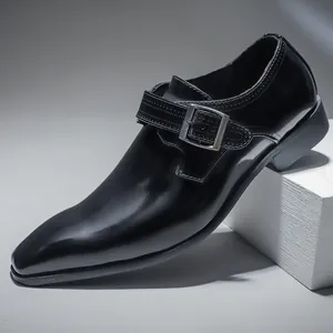 Men Business Monk Strap Leather Shoes Vintage Square Toe Patent Leather Formal Dress Shoes Breathable Casual Single Shoes