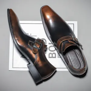 Elegant men's square toe monk strap shoes in vintage brown gradient patent leather