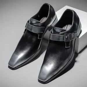 Men's square toe business leather shoes with vintage glossy finish and buckle