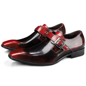 Men's vintage red black patina square toe monk strap business dress shoes in glossy finish