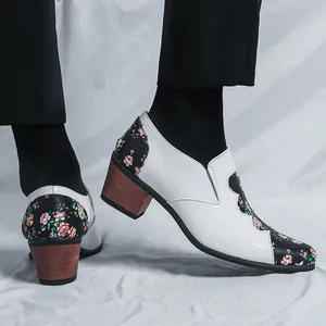 Stylish pointed-toe floral leather shoes with glossy finish and chunky wooden-look heels