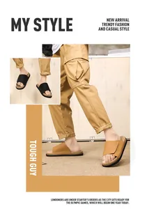 Detailansicht trendiger Herren-Slipper in Schwarz und Camel für den Sommerurlaub.