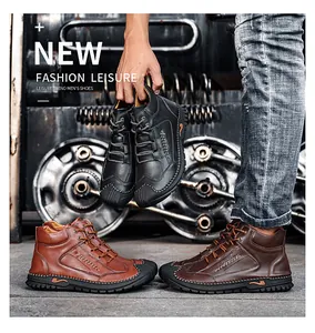 Detail view of men's high-top hand-stitched work boots in three classic colors