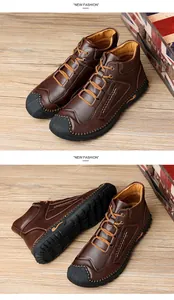 Durable brown leather high-top Martin boots for men with heavy stitching detail