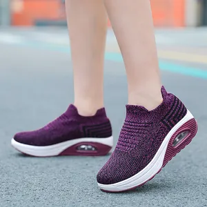 Paarse dames sneakers met luchtkussen fly-knit slip-on wandelschoenen lichtgewicht
