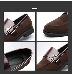 Close-up of brown suede and leather men's loafers with decorative metal buckle detail