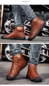 Side and front view details of men's brown leather high-top Martin boots