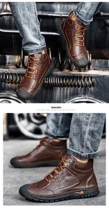 Detailed view of stylish men's brown leather high-top work boots with durable hand-stitched seams