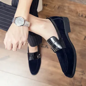 Classic navy blue suede loafers for men featuring a stylish buckle strap and pointed toe design