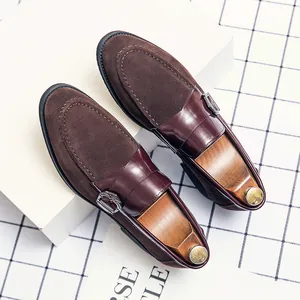 Retro brown pointed-toe men's loafers with mixed suede and leather texture