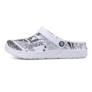 White men's outdoor garden clogs with black newspaper print, breathable beach sandals