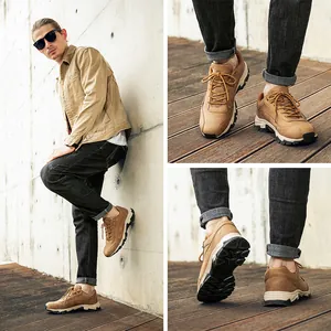 Viste dettagliate delle scarpe da trekking in pelle beige da uomo con suole antiscivolo