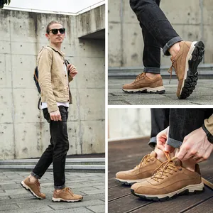 Vedute lifestyle di scarpe da trekking basse da uomo in pelle marrone con suole antiscivolo