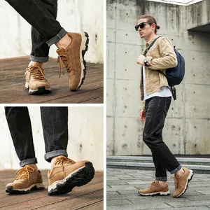 Eleganti scarpe da trekking in pelle marrone da uomo in un ambiente lifestyle outdoor
