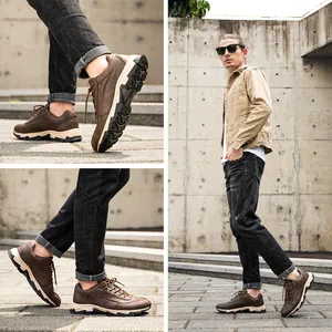 Scarpe da trekking basse in pelle marrone da uomo mostrate da diverse angolazioni esterne.