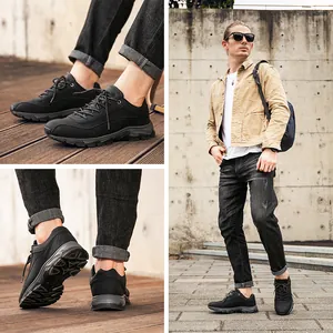 Vista lifestyle di sneaker outdoor da uomo in pelle nera da diverse angolazioni