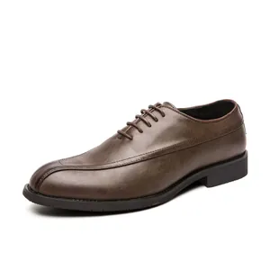 Classic dark brown leather business dress shoes for men featuring elegant lace-up closure