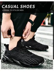 Professional close-up of black breathable flyknit blade sole running shoes for men
