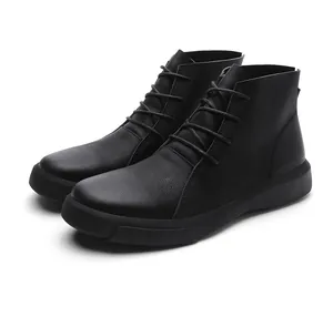 Durable black men's high-top leather Martin boots with comfortable thick sole for outdoor