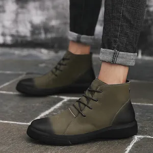 Retro army green outdoor Martin boots for men with high-top leather design and black soles