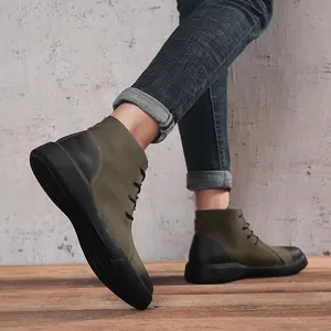 Men's vintage high-top outdoor Martin boots in olive green and black faux leather