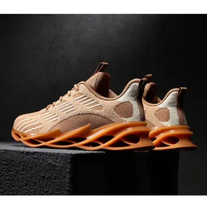Detailed side view of brown blade running shoes featuring a breathable knit upper design