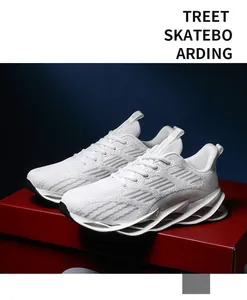 Close-up of white breathable blade running shoes with unique hollow-out sole design.
