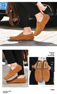 Vues détaillées sous plusieurs angles de mocassins en daim marron pour hommes