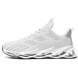 Detailed profile view of white men's blade sneakers with breathable flyknit mesh upper
