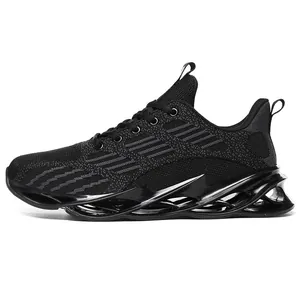 Side view of black breathable fly-knit running shoes for men with unique blade sole design
