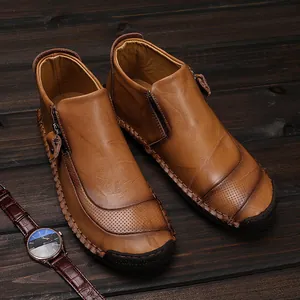Heren Casual PU Leren High Top Laarzen Handgestikt Zijrits Winter Outdoor Warme Antislip Britse Stijl Enkellaarzen