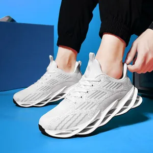 Men's stylish white flyknit blade running shoes with breathable mesh and hollow sole
