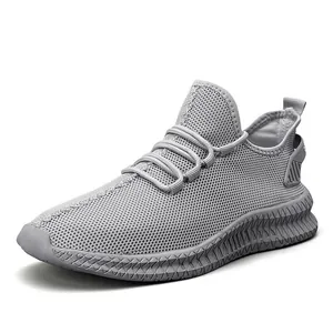 Lightweight breathable mesh men's running sneakers with durable sawtooth sole in grey