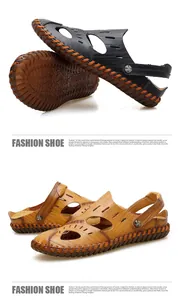 Vista detallada de sandalias de cuero hechas a mano para hombre con diseño calado y correas