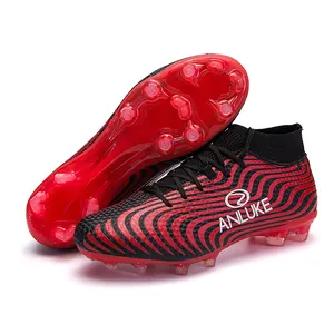Botas de fútbol altas ANLUKE con patrón de ondas rojas y negras y tacos profesionales AG