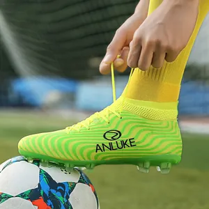 Zapatillas de fútbol altas profesionales verde lima con tacos AG para competición oficial