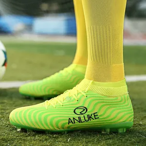 Botas de fútbol profesionales de caña alta verde neón para hombres y jóvenes en césped