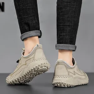 Ademende handgestikte casual outdoorsneakers voor heren met unieke profielzool, grijs