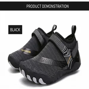 Close-up of black breathable five-finger outdoor water shoes with durable rubber soles.