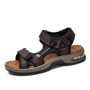 Men's outdoor beach sandals with breathable velcro straps and air cushion sole in brown