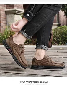 Close-up of breathable men's leather outdoor shoes with thick sole and lace-up design