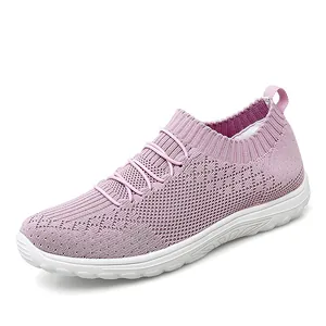 Women Flyknit Mesh Sneakers Breathable Slip On Running Shoes Lightweight Flat Casual Walking Shoes Solid Color Student Sports Shoes
