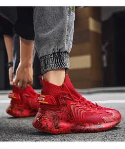 Men's red high-top basketball sneakers with trendy marble patterned sole